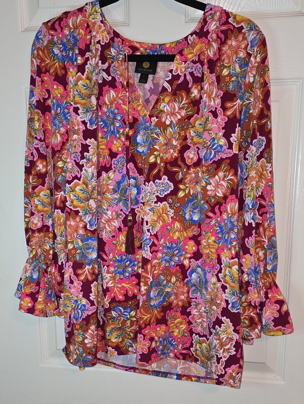 JM Collection Multicolor Floral Tassel Tie Tunic - Burgundy Base